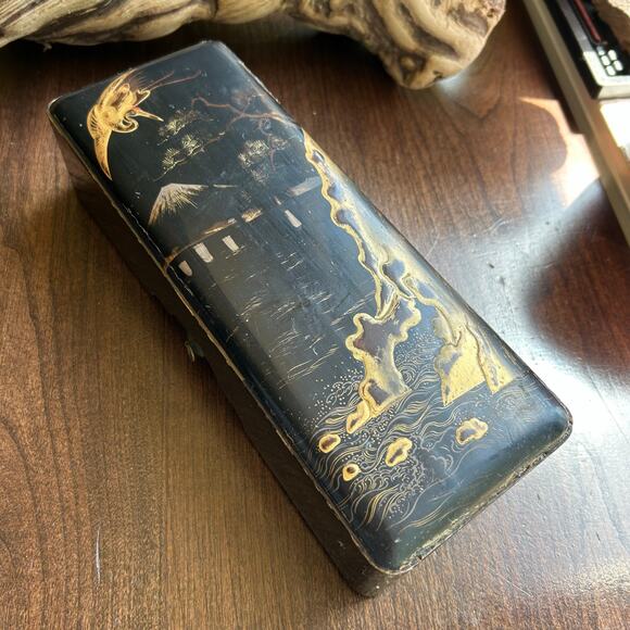 Antique Japanese 18th Century Lacquer Lute Scroll Box hut bonsai tree - Picture 1 of 12